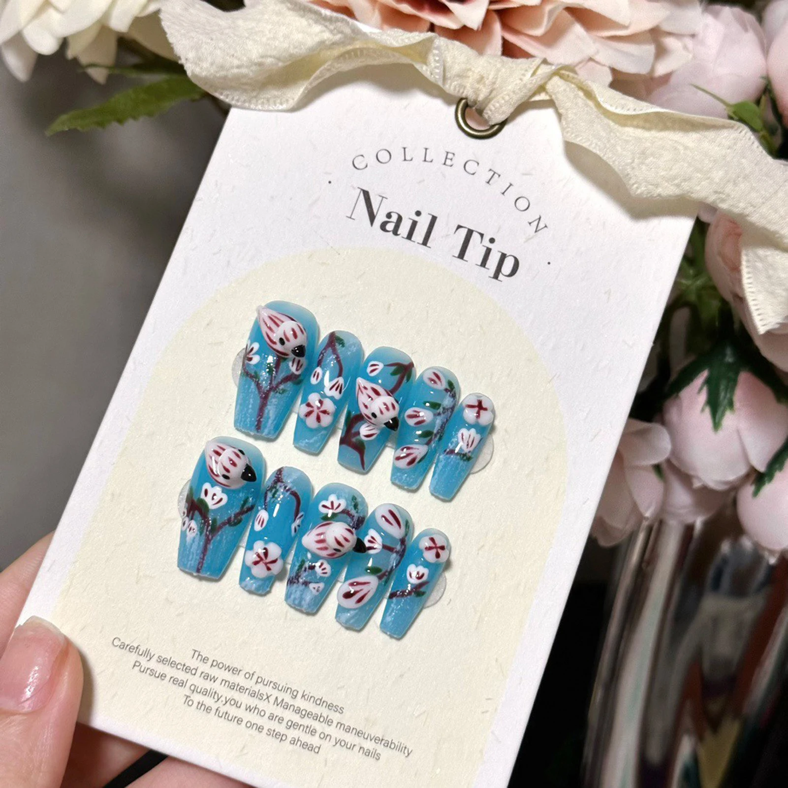 10pcs Chinese Blue Fake Nails with Hand-painted Branch 3D Bird Decor Press on Nails Wearable Detachable False Nail Patches