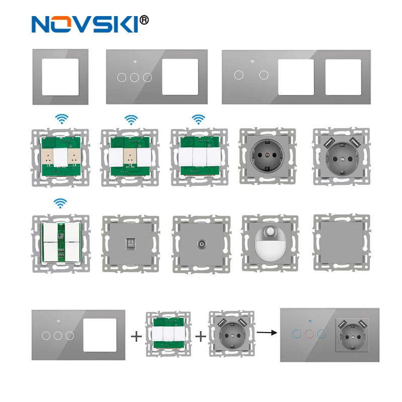 wall-mounted module diy European standard gray crystal glass panel power socket switch button function free combination
