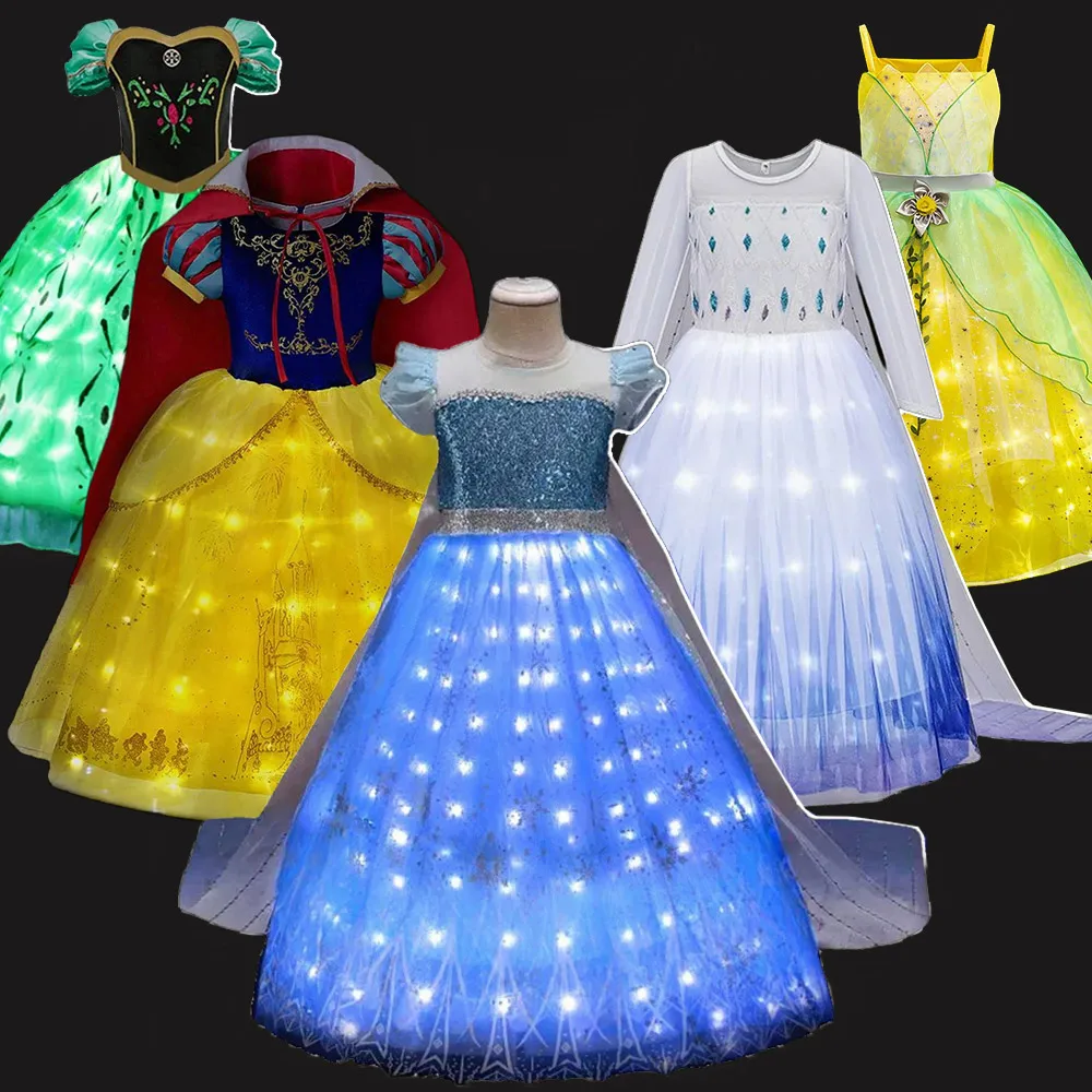 Fancy Light up Princess Dress for Girls Disney Frozen Elsa Anna Ball Gown witt Light 2024 Halloween Snow White Tiana Ball Gown