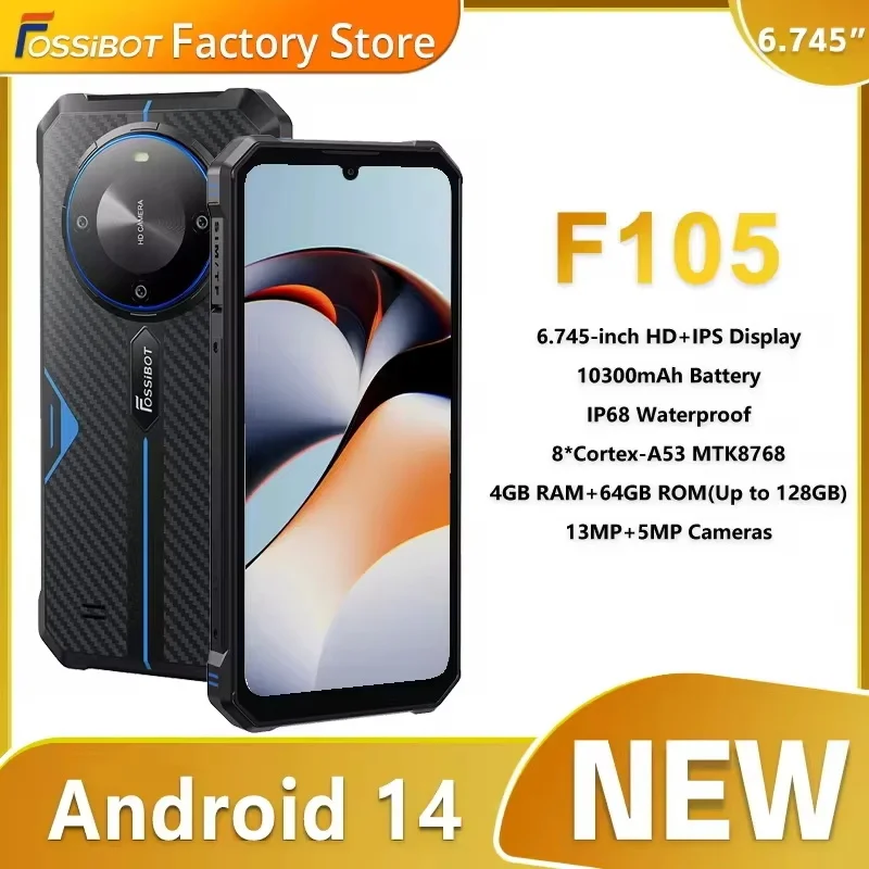 FOSSiBOT F105 Rugged Smartphone Android 14 Cellphone 6.745" HD+ IPS Display 10300mAh 4GB+64GB Mobile Phone
