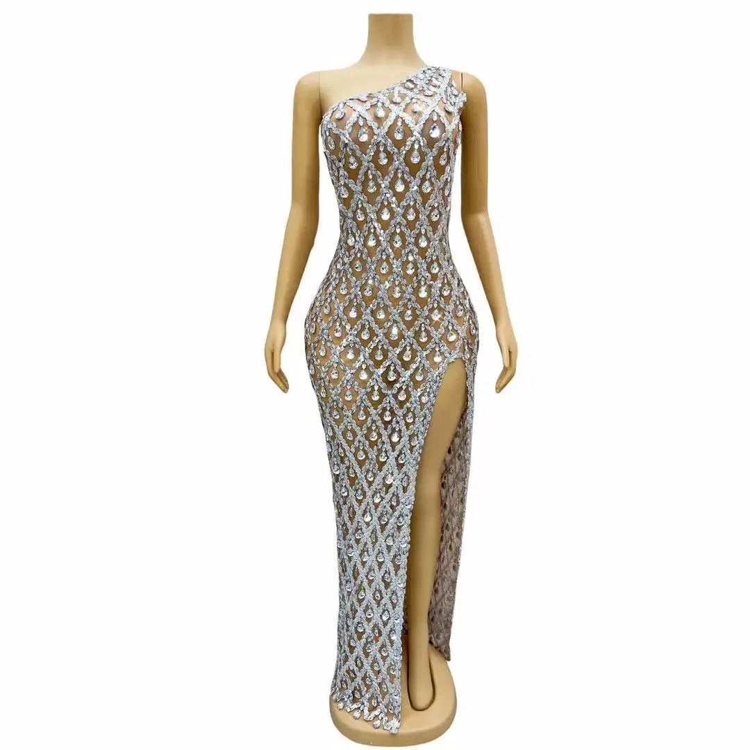 Sparkly Silver Sequins Diamonds High Split Dress Elegant Wedding Celebrate Prom Gown Birthday Photograph Wear Shaokaojia