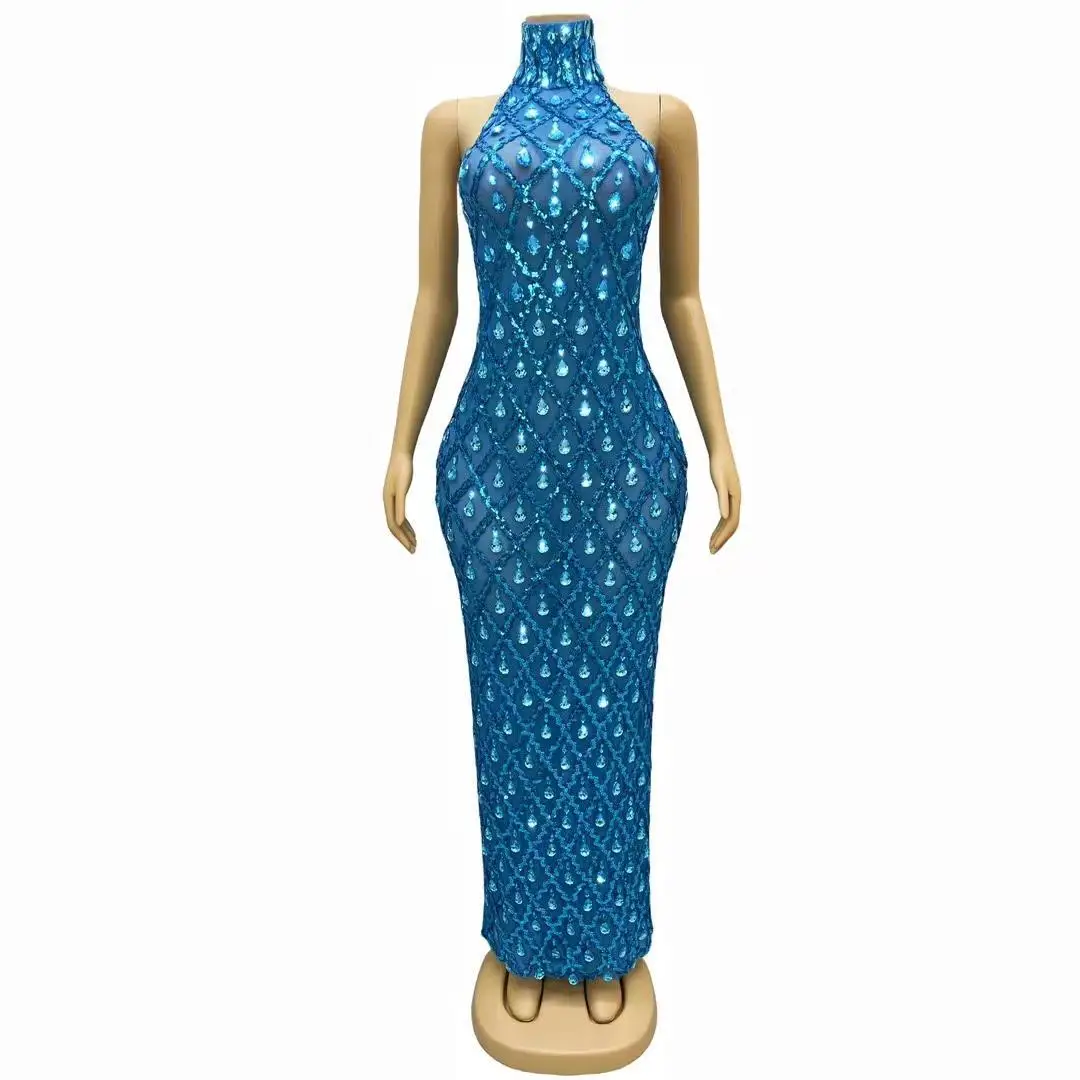 Summer Fashion Blue Diamonds Sleeveless Evening Celebrate Dress Dance Photography Outfit Birthday Stretch Costume Shaokaojia