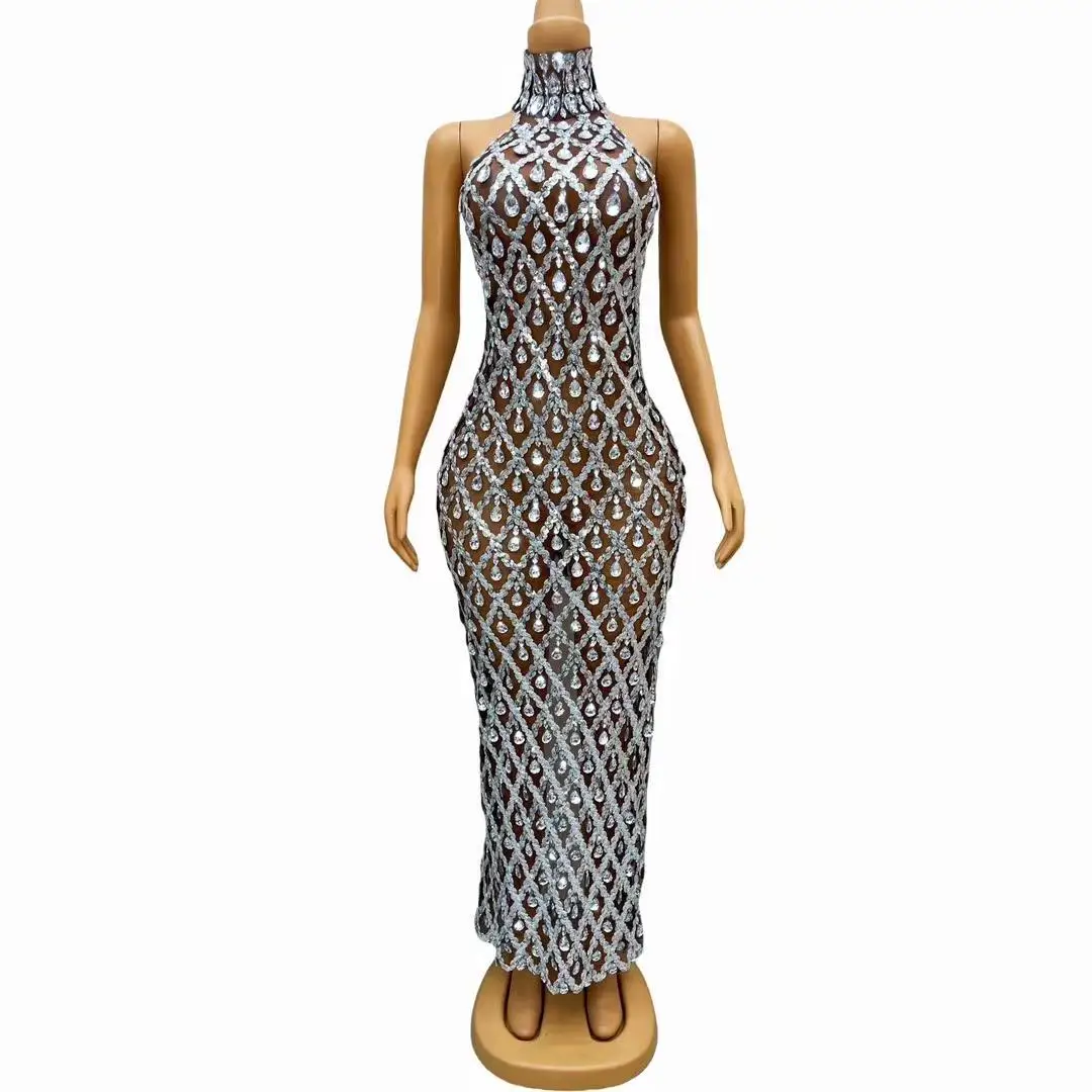 Sparkly Rhinestones Sleeveless Long Dress Elegant Evening Wedding Celebrate Prom Gown Birthday Dress Photograph Wear Shaokaojia