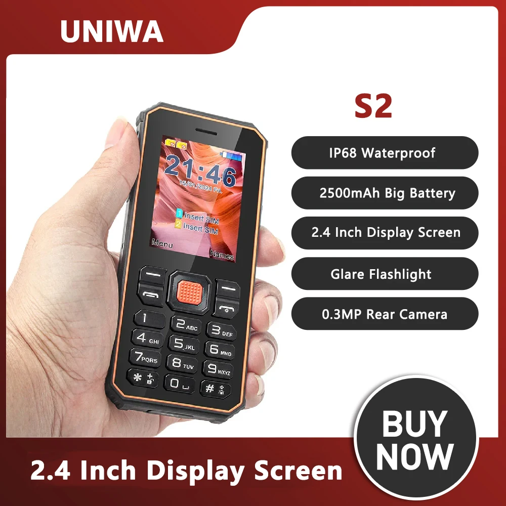 UNIWA S2 Rugged Feature Phone 2.4 Inch IP68 waterproof 2G Mobile Phone For Old Men 2500mAh Battery Support TF Card Button Phone