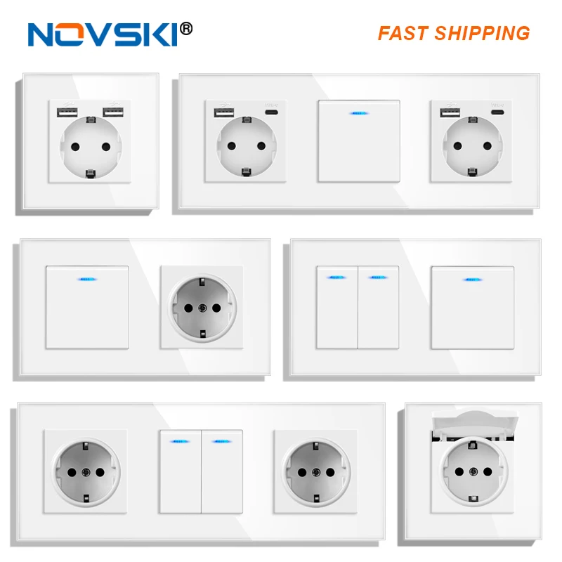 European Union Germany wall-mounted crystal glass white panel power socket with three plugs grounded, 16A triple power socket