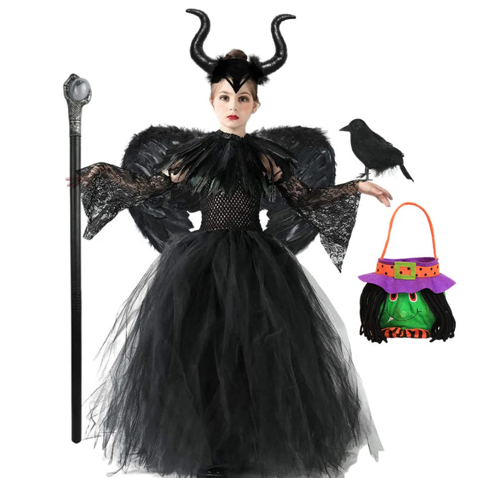 Girls Maleficent Black Gown Evil Queen Witch Cosplay Dress Children Carnival Halloween Disguise Costume Tulle Robe with Shawl