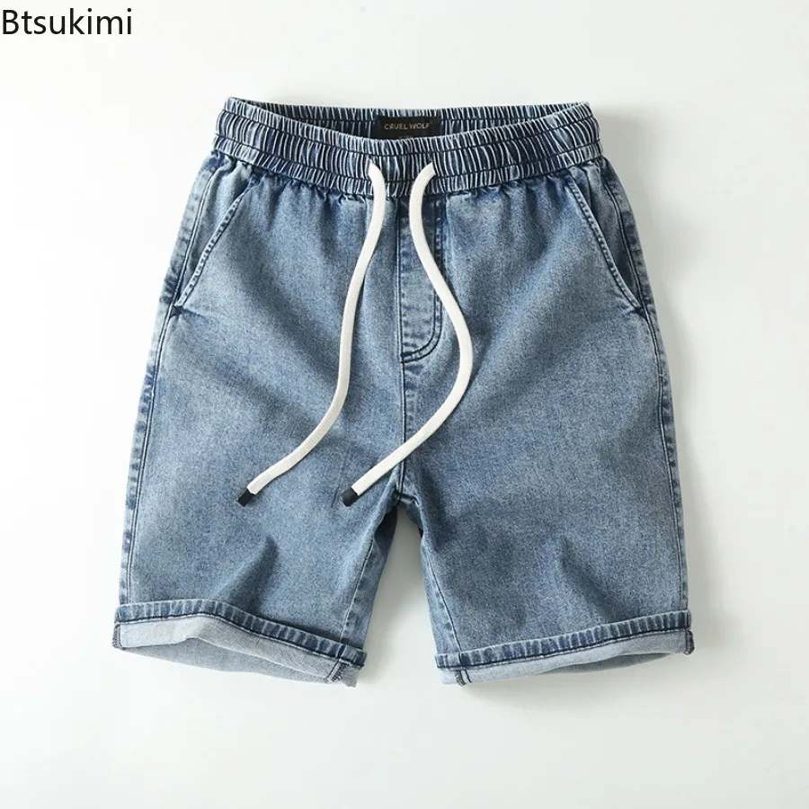 Summer Thin Men's Denim Shorts Fashion Loose Elastic Waist Drawstring Straight Baggy Short Jeans 100% Cotton Casual Shorts 
