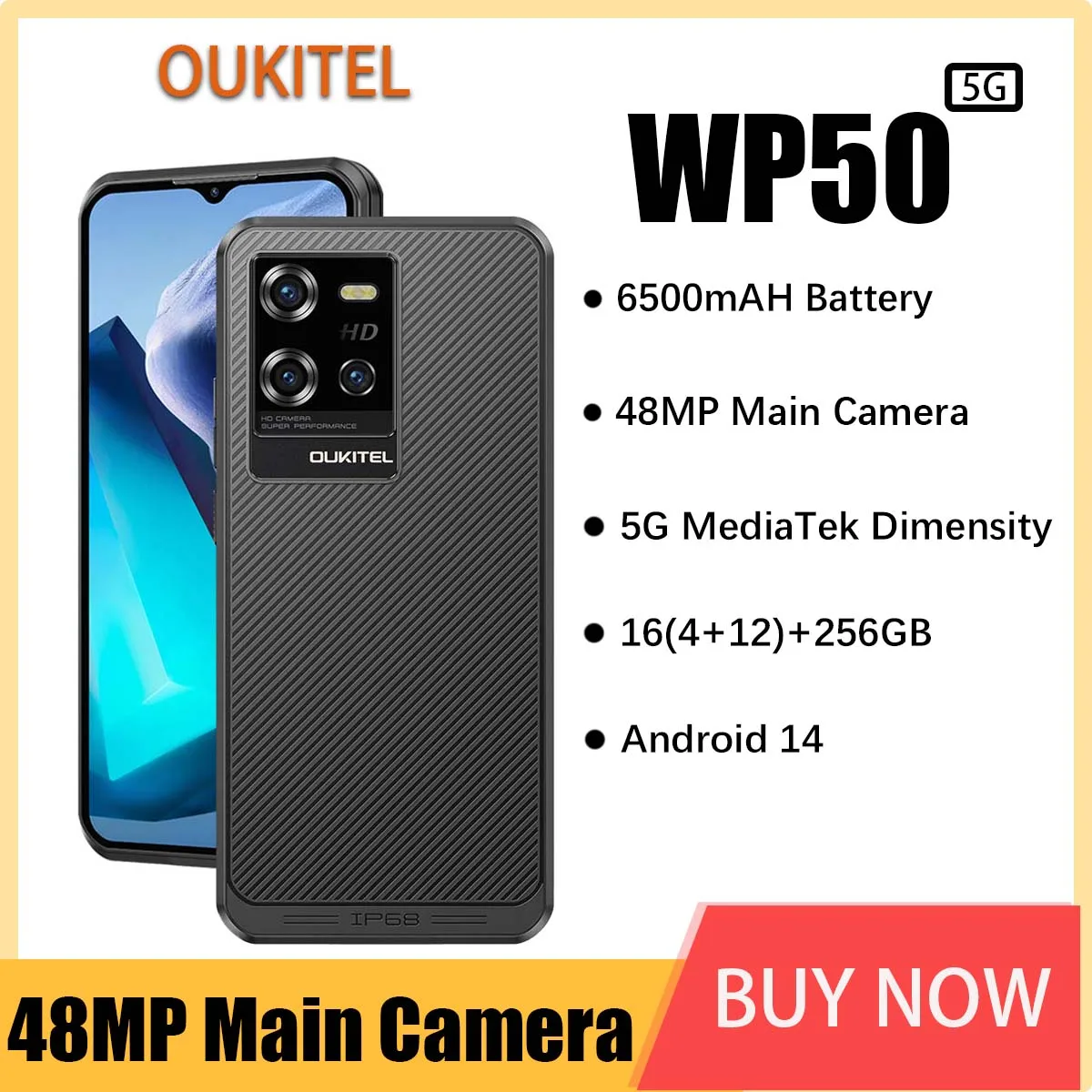 Oukitel WP50 Rugged Smartphone 6500mAh Battery 48MP Main Camera Mobile Phone 12GB + 256GB IP68, IP69K, Android 14 Cell Phone