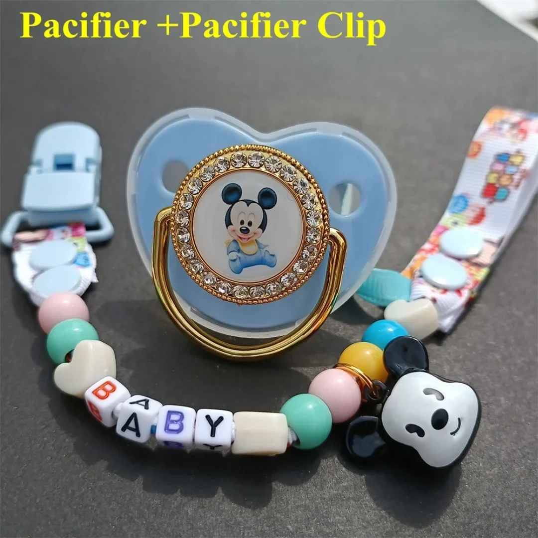 Little Mickey Luxury Pacifier chain clip with lid lettered silicone pacifier holder Personalized soothing newborn bath gift