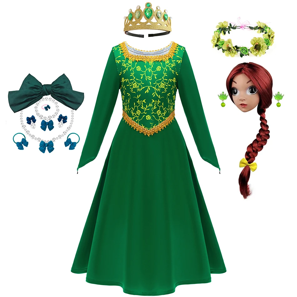 Fiona Green Princess Dress Halloween Fantasy Dress Up Costume Children Elegant Gown Kids Autumn Long Sleeve Lace Print Frocks