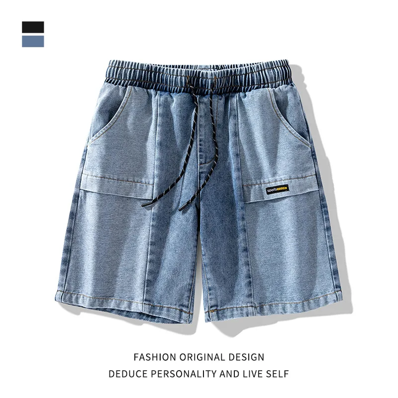 Men's Summer Stitching Elastic Loose Blue Denim Shorts Casual Hip Hop Drawstring Cargo Jeans Shorts