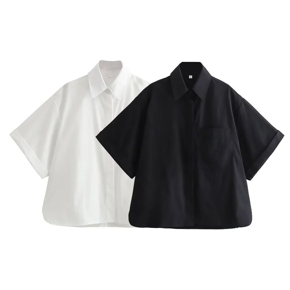 ASDS 2024 Spring New Product Women's Fashion Polo Collar Curled Short Sleeve Pocket Decoration Solid Color Shirt