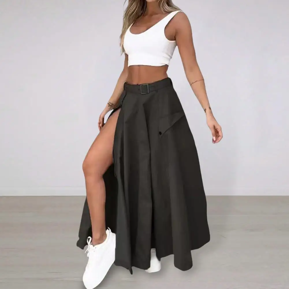Women Top Skirt Set Women Maxi Skirt Set Stylish Women's Crop Top Maxi Skirt Set with Belt Sleeveless Top High Waist Split 