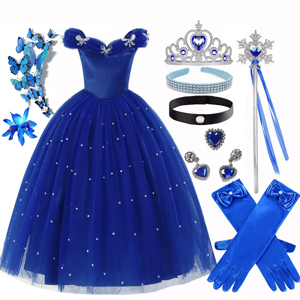 Disney Princess Dress Christmas Luxury Cinderella Dress For Girl Off Shoulder Floor Length Gowns Baby Halloween Cosplay Outfits