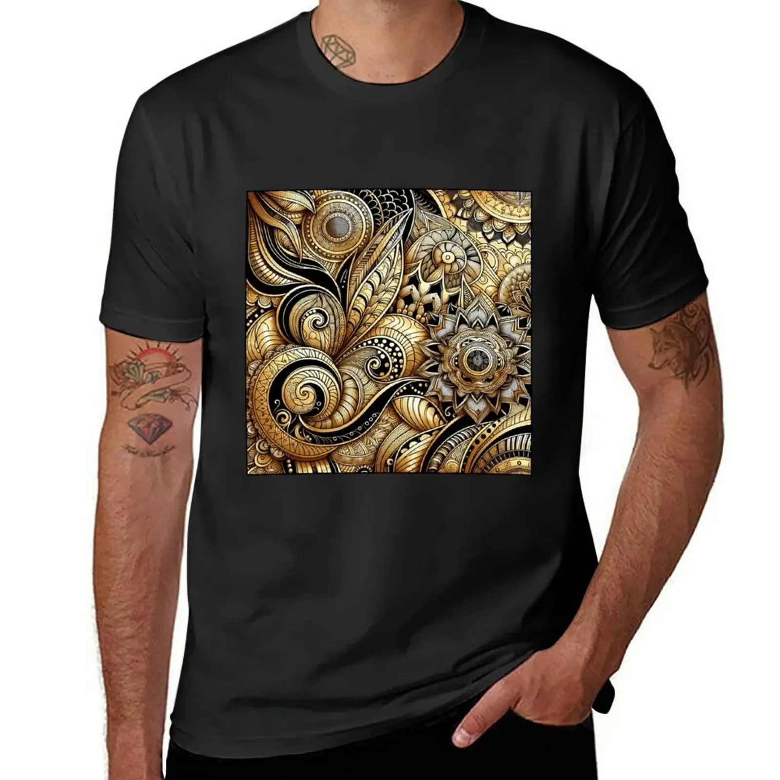 Gold and black Zentangles design T-shirt oversized tops new edition summer top mens t shirt graphic Male fashion Hot Sale