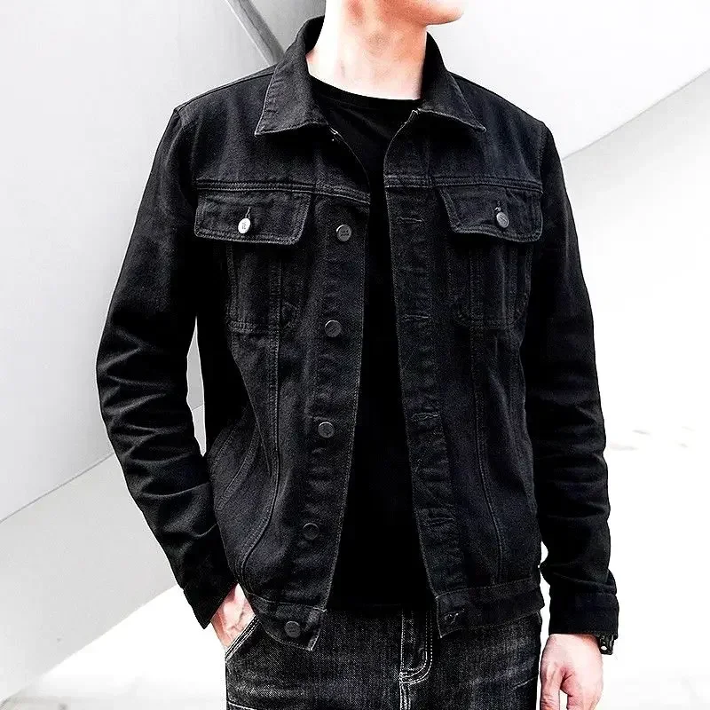 Denim Jackets Man Black Cargo Autumn Jeans Coat for Men Korean Style Fashion Korea Branded Trendy Outwear Large Size Casual Y2k