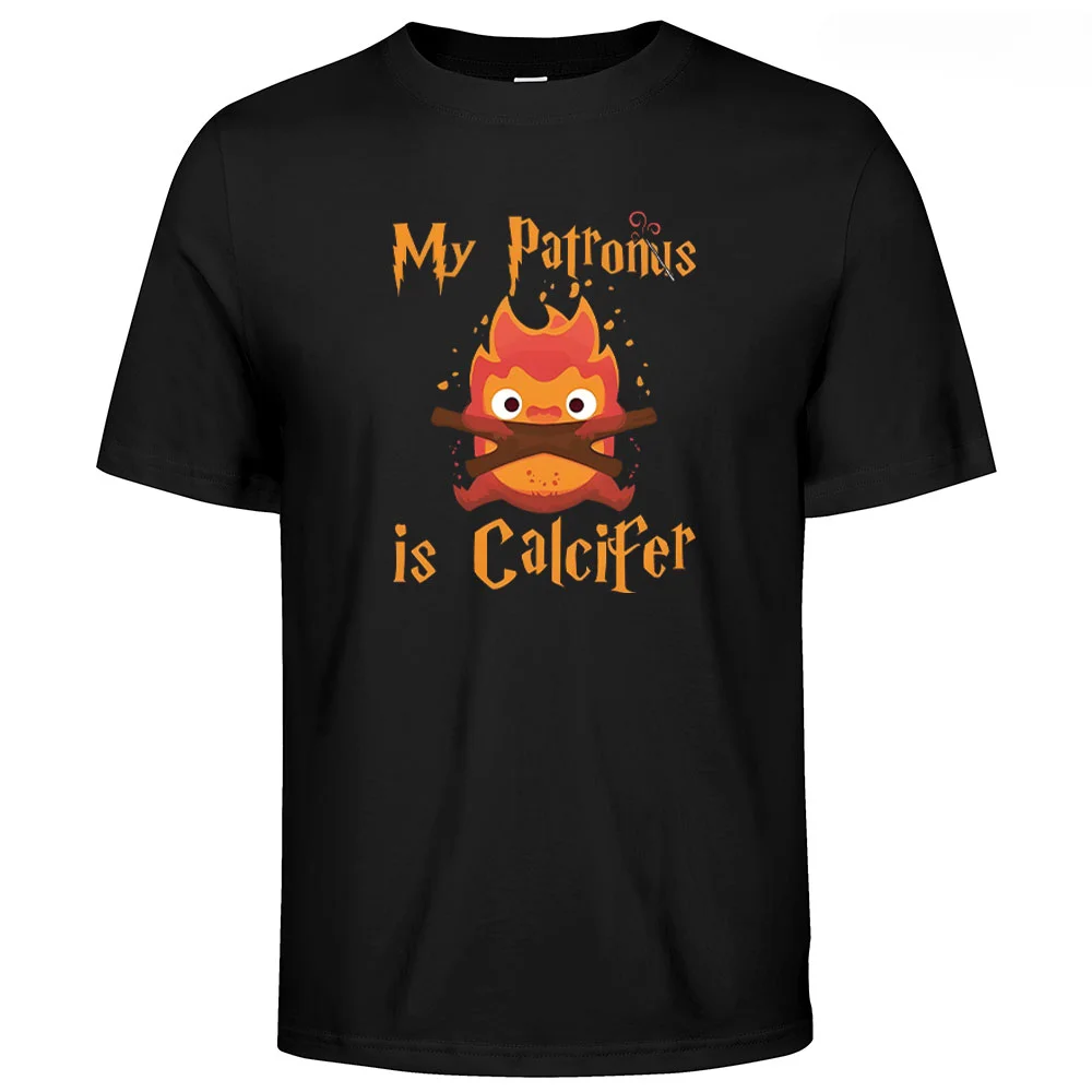Men's Cotton Calcifer Print T-shirt Round Neck Casual Street Style Fashion Breathable Tops for Men and Women