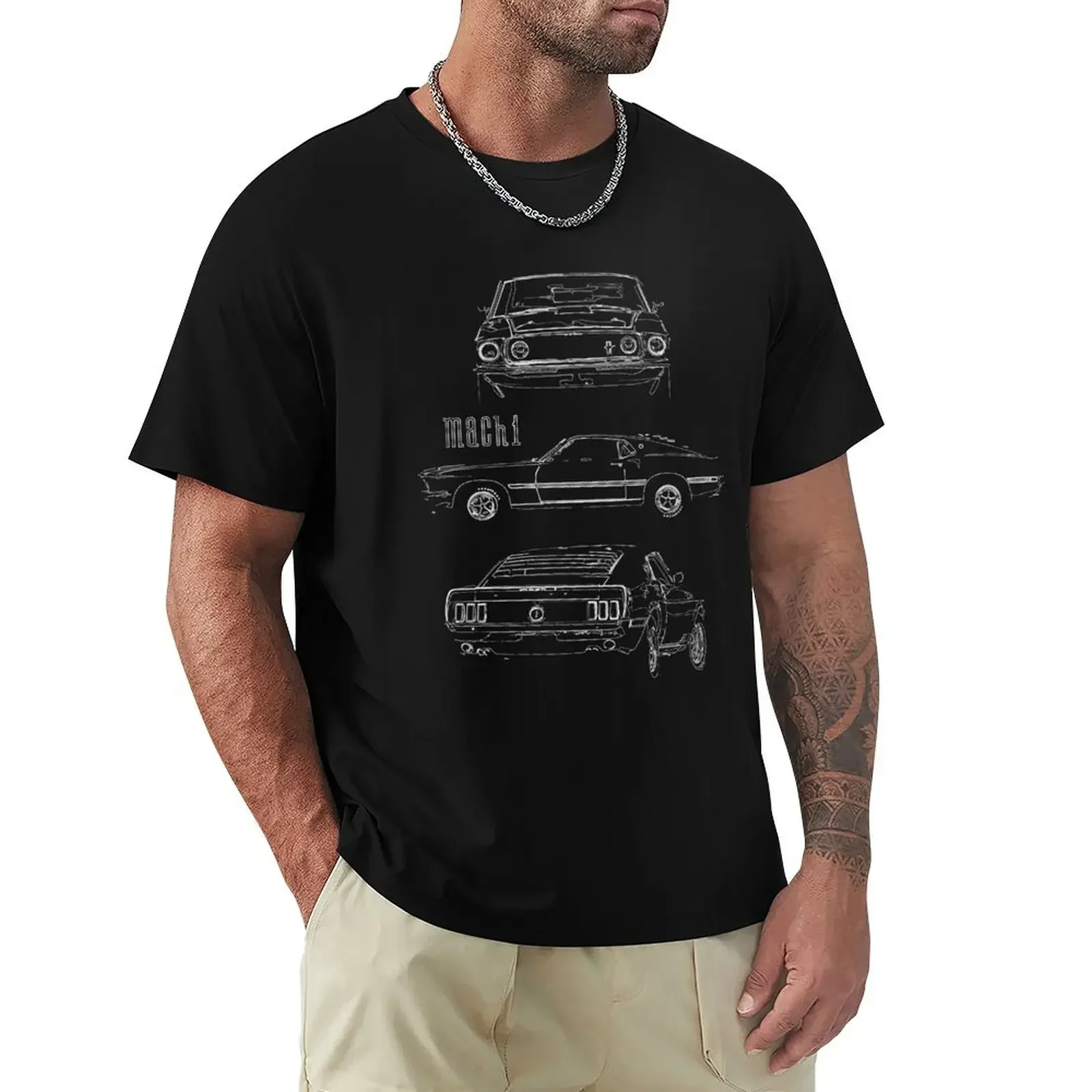 1969 Mustang Mach 1 Fastback Collector Car Outline Art T-shirt Short sleeve tee anime clothes oversized Men's t shirts