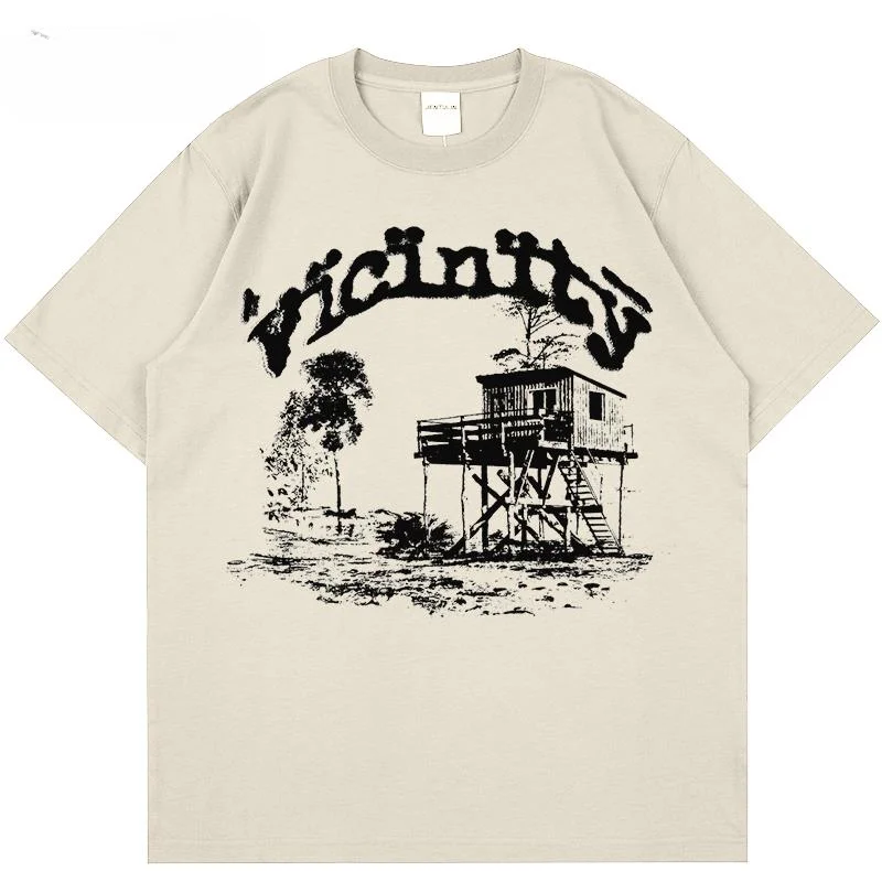 Shooting House Graphic T-Shirt Hip Hop Oversized Harajuku Short Sleeve Tees Korean Fashion Y2k Vintage Streetwear Cotton Clothes