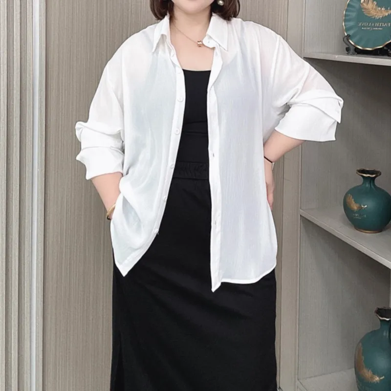 Summer Thin Chiffon Sun-Protective Shirt Women's Plus Size Loose Casual Ice Silk Top Long Sleeve Blouses