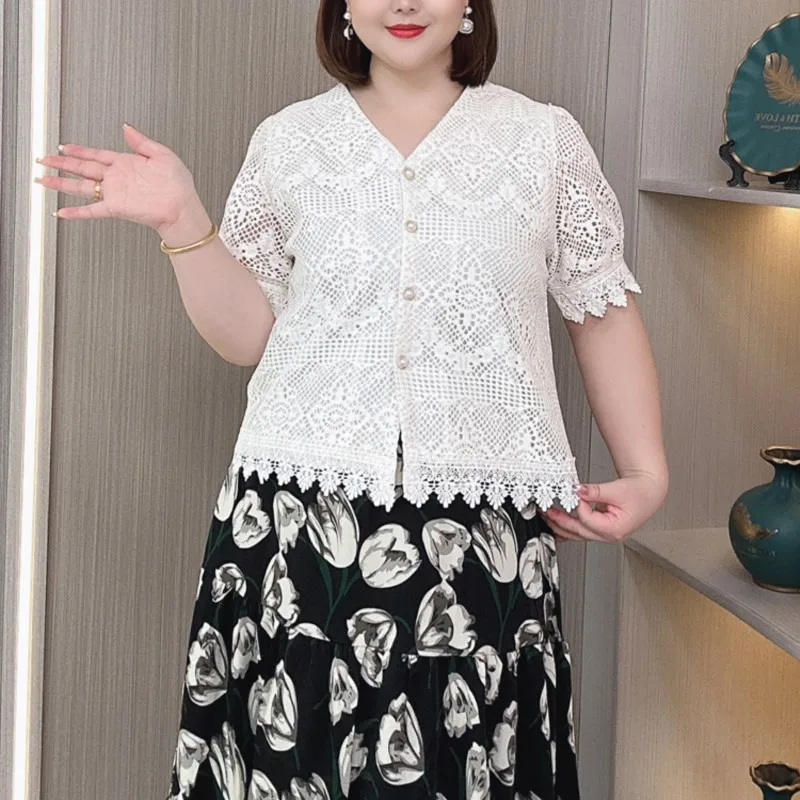 Hollow Lace Shirt Women's Summer New Plus Size Thin Temperament Beautiful Chic V-Neck Puff Sleeve Blouse