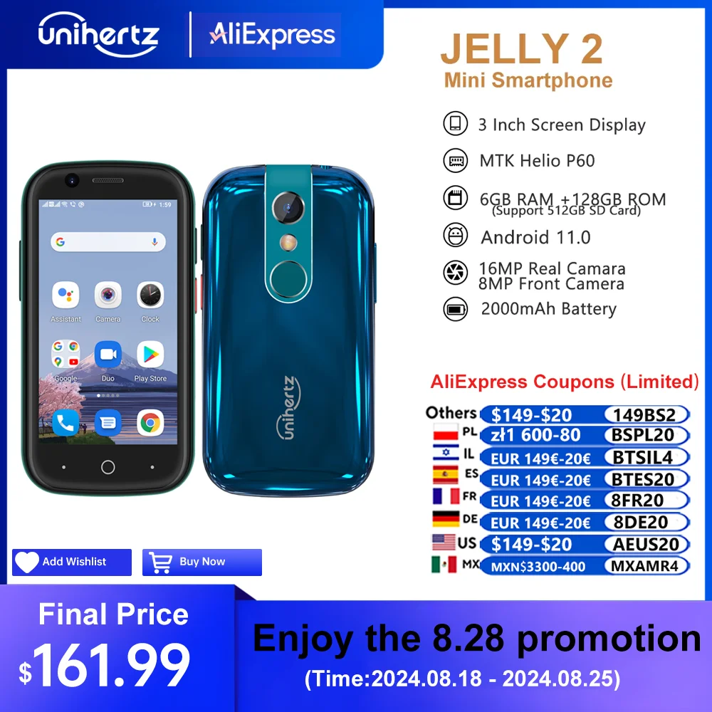 Unihertz Jelly 2 Mini Smartphone 6GB 128GB Android 11 Helio P60 Octa Core Unlocked NFC Cellphone 16MP Infrared Phone
