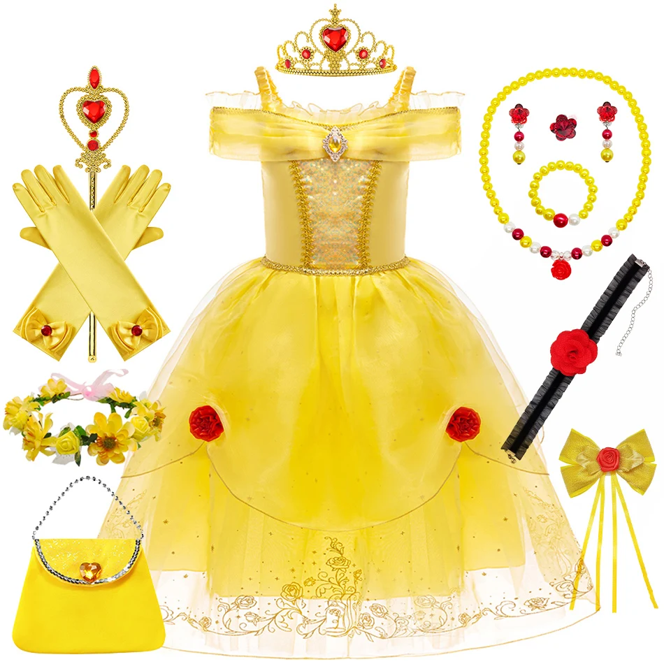 Belle Dress Girls Beauty Beast Cosplay Costume Kids Princess Fancy Floral Ball Gown Wedding Carnival Halloween Praty Clothing