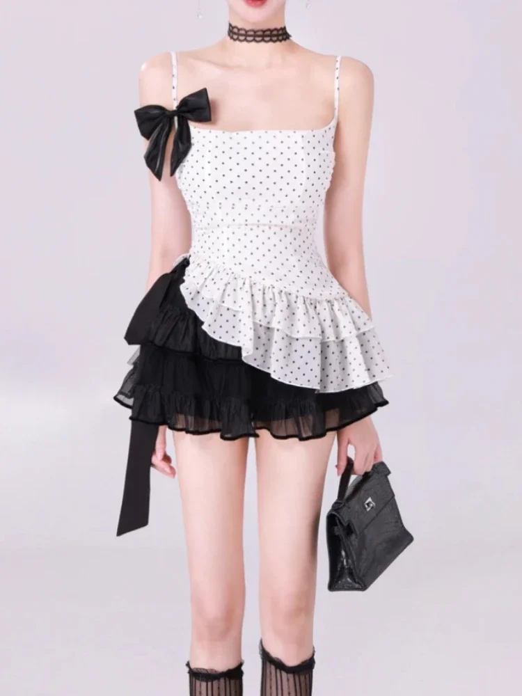2000s Harajuku Sweet Kawaii 2 Piece Skirt Set Spicy Grils Dot Sleeveless Slim Vest + Casual Y2k Mini Skirt Korean Fashioon Suit
