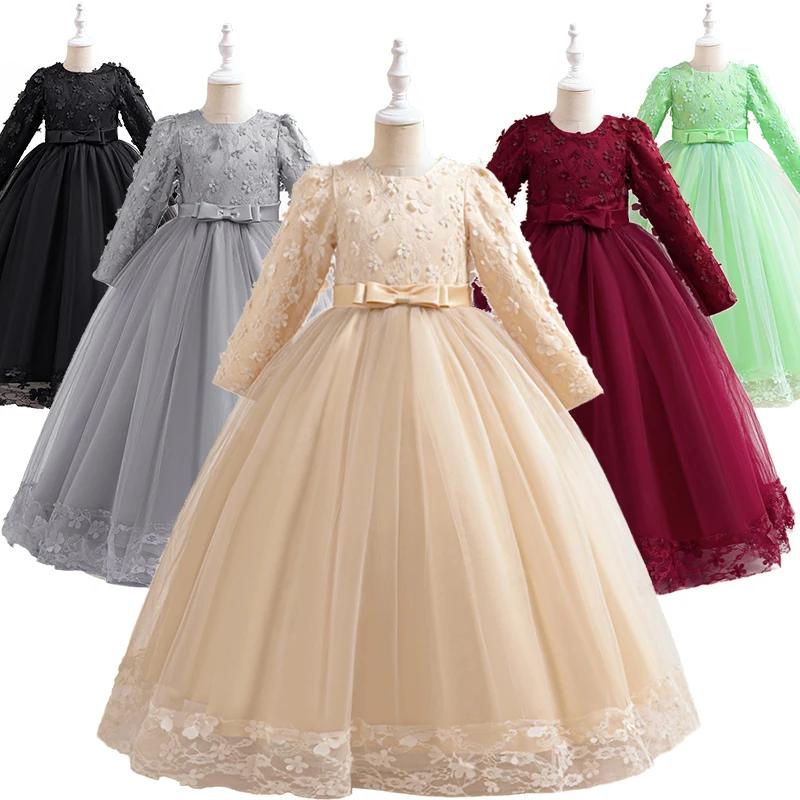 Lace Flower Formal Dress for Girls Luxury Children's Full Sleeve Bridesmaid Graduation Ceremony Wedding Occasion Pageant Dr