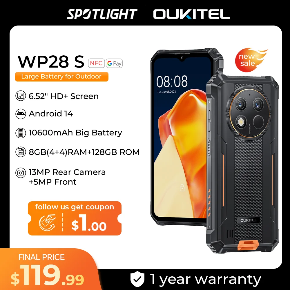 Oukitel WP28 S Rugged Smartphone 6.52‘’ HD 10600MAH 16GB (4+12)+128GB Android 14 13MP Camera Cellphone