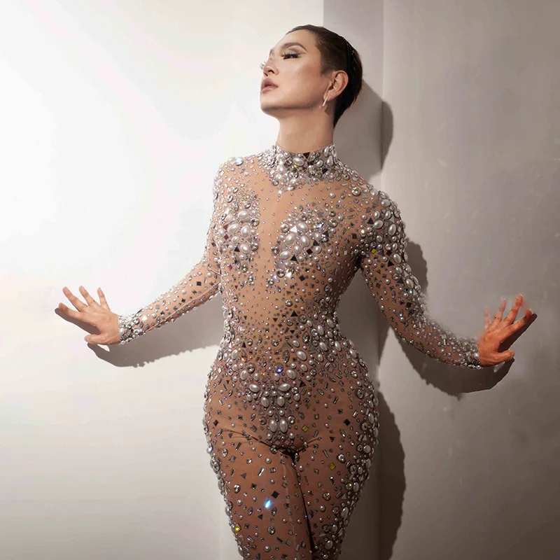 Fashionable colorful rhinestone long women's jumpsuit elastic mesh pearl party photos wearing singing stage performance cos