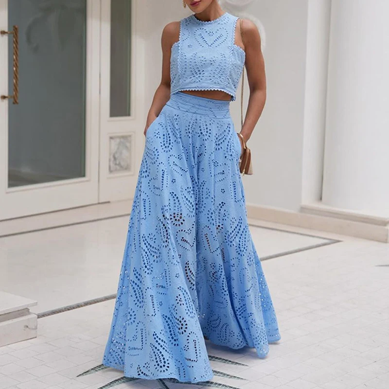 Women Elegant Embroidery Hollow 2Pc Suit Fashion O-neck Vest Top & Long Skirt Outfits Casual Sleeveless Pleated Solid Beach 
