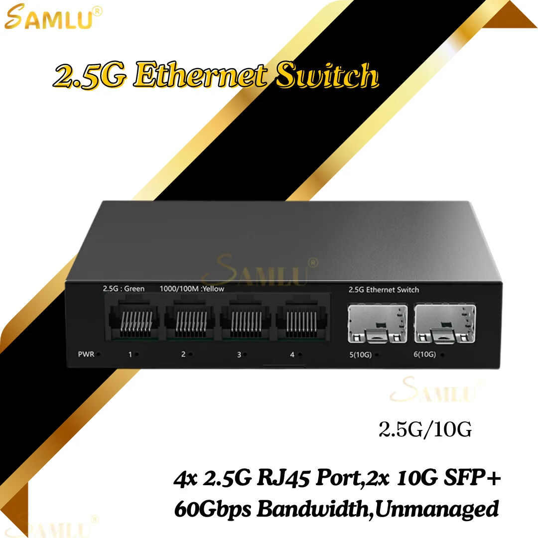 2.5Gb Switch 4 Port 2.5G Unmanaged Network Switch with 2 Port 10GbE SFP+ Slot Home Lab Setup Ethernet Switch Plug&Play