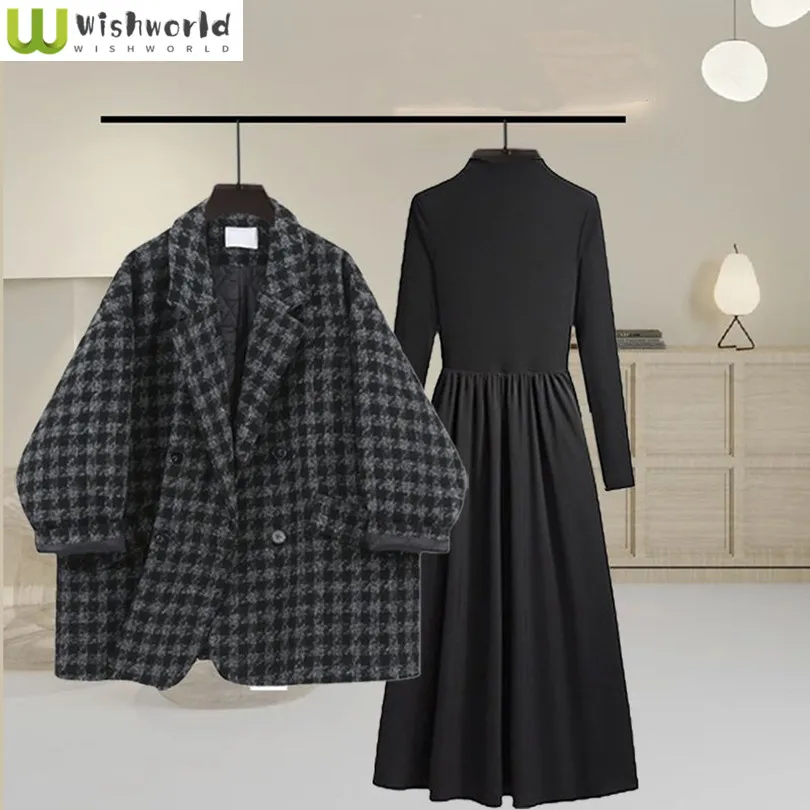 Autumn and Winter Fashion Women's Suit Korean Version Thick Woolen Plaid Suit Jacket Slimming Long Sleeved Dress Two-piece 