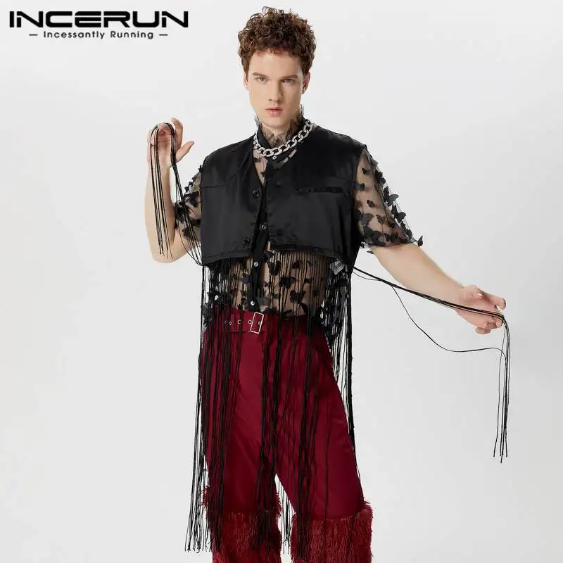 Party Clubwear Style Tops INCERUN New Mens Solid Patchwork Long Tassel Design Vests Sexy Leisure Sleeveless Tank Tops S-5XL 2024