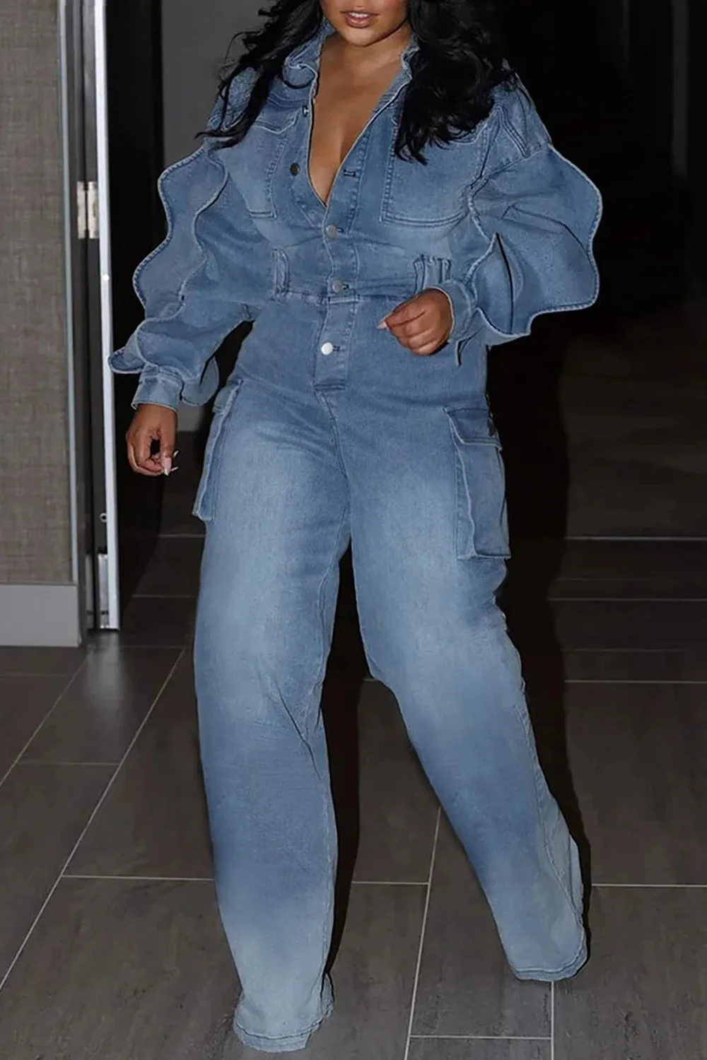 Women's Denim Cargo Jumpsuit Puff Sleeve Zipper Lantern Sleeve Jeans Harajuku Plus Size Casual Pockets Rompers Overall Outf
