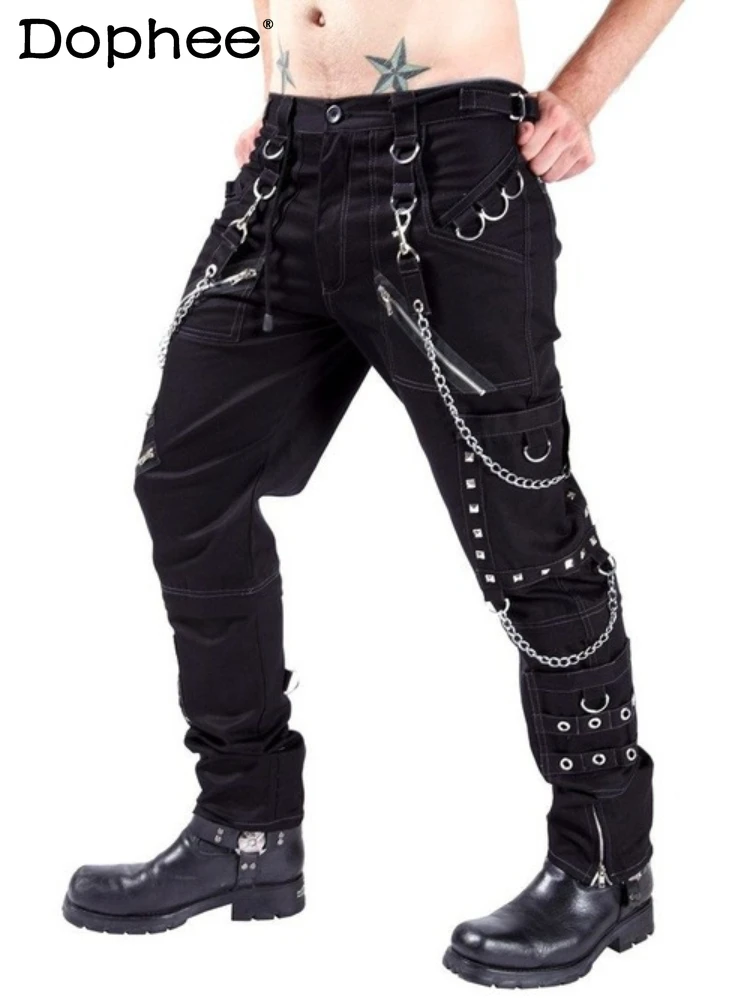 Personality Casual Pants Men's Multi-Zipper Pants Black Rivet High Street Overalls Trendy Male Trousers Fashion Chain Trous