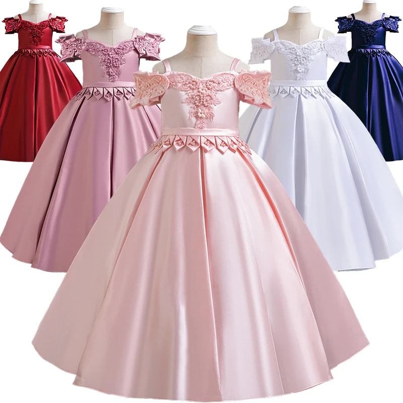 New Luxury Children's Off-shoulder Satin Beaded Flower Dress for Girls Wedding Evening Elegant Party Bridesmaid Ceremony Dr