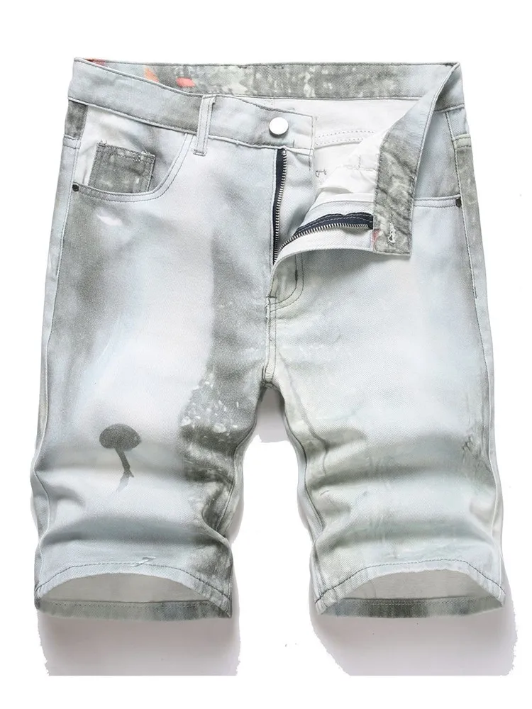 2024 Spring/Summer New Fashion Trend Printed Vintage Cotton Denim Shorts Men's Casual Loose Comfortable Breathable Jeans 28