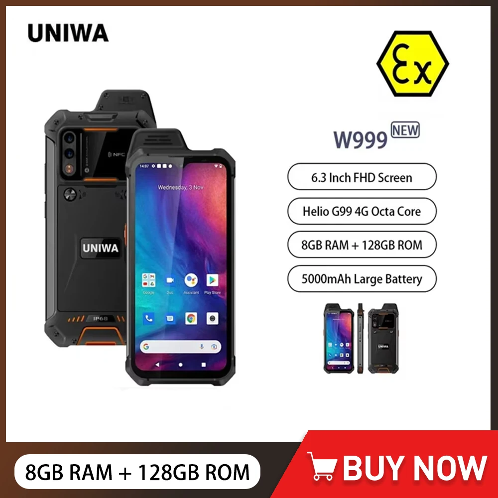 UNIWA W999 Rugged Waterproof Walkie Talkie Helio G99 8GB+128GB 6.3Inch FHD 5000mAh Smartphones Andriod 13 Mobile Phone NFC ATEX