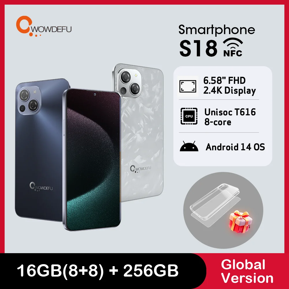 CWOWDEFU Android 14 Unlock Smartphone 6.58" FHD+ Incell Screen 48+24MP Dual SIM 8-Core 16GB+256GB Face ID NFC OTG S18 Cell 