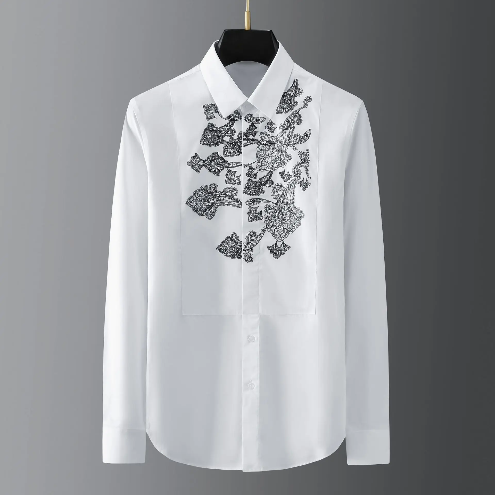 High Quality Embroidered Formal Dress Shirt Men Long Sleeve Slim Casual Business Shirts Banquet Party Stage Performance Shirt