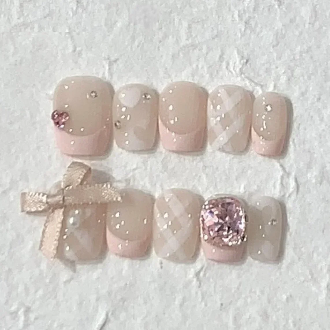 10Pcs Pink Handmade Press on Nails Full Cover Rhinestone Tender Short French Ballerina Sweet Manicure False Nails Nail Tips Art