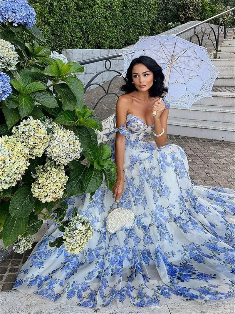 Elegant Print Party Evening Dress Women Fashion Backless Sleeveless Spaghetti Strap Maxi Prom Dresses High Waist Floor Length