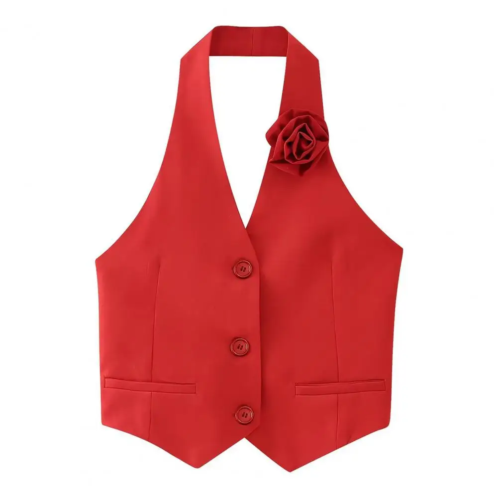 Women Vest Skirt Set Elegant Rose Decor Waistcoat Mini Skirt Set for Prom Party Halter Neck Off Shoulder Design with 3d Rose