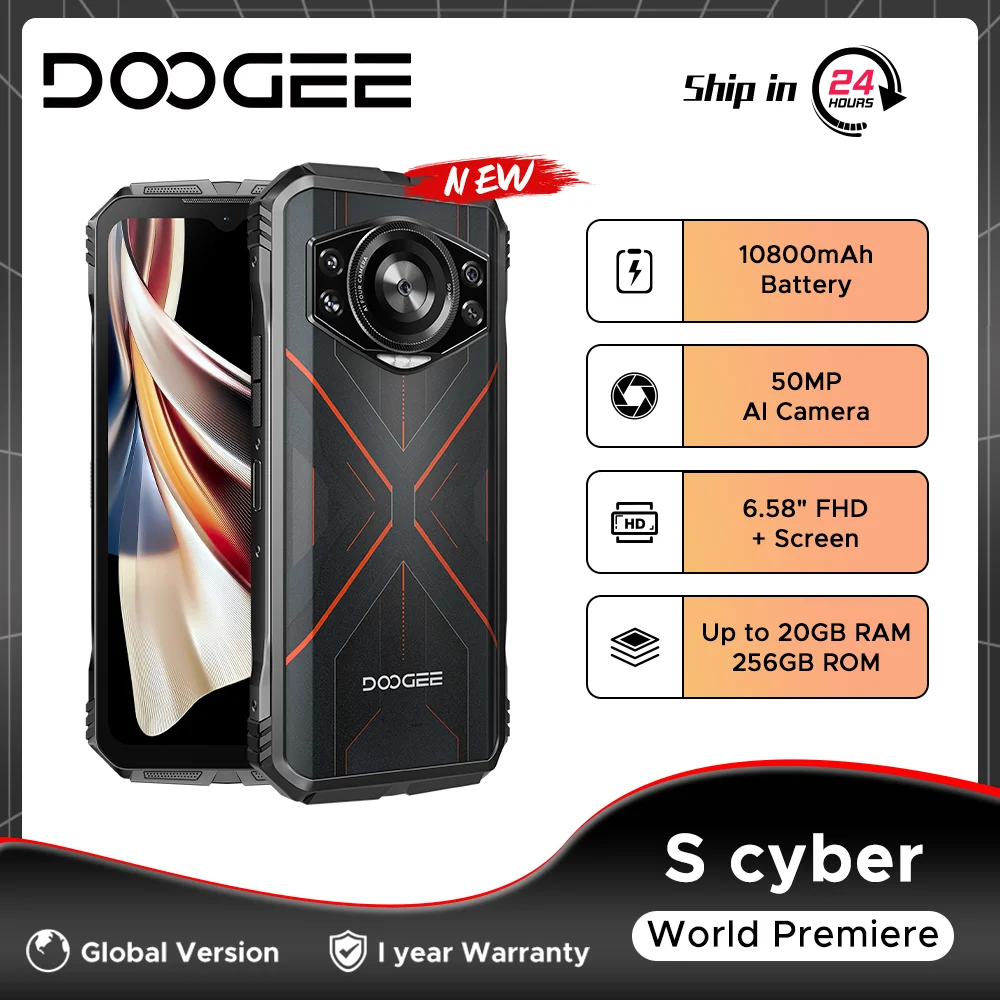 Global Version DOOGEE S Cyber Rugged Phone 6.58" 90Hz IPS Display Octa Core 8GB 256GB 50MP AI Main Camera Android 14 10800m
