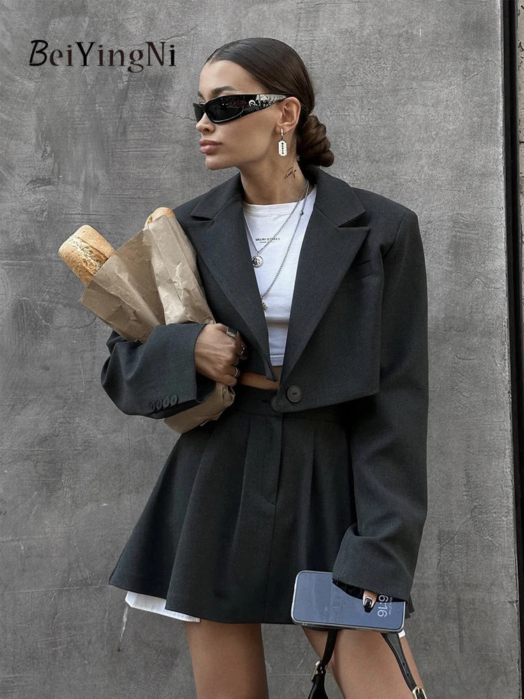 Beiyingni Women's Blazer Skirt Sets Y2K Turndown Collar Chic Top + Mini Pleated Skirts Two Piece Set Female Casual Fashion 