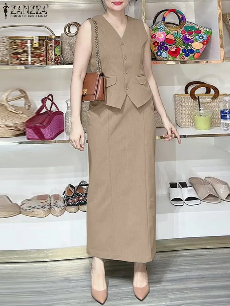 ZANZEA Sleeveless Vests OL Skirt Sets Women 2024 Summer Elegant Commute 2pcs Outfits Casual Elastic Waist Maxi Skirt Dress Sets