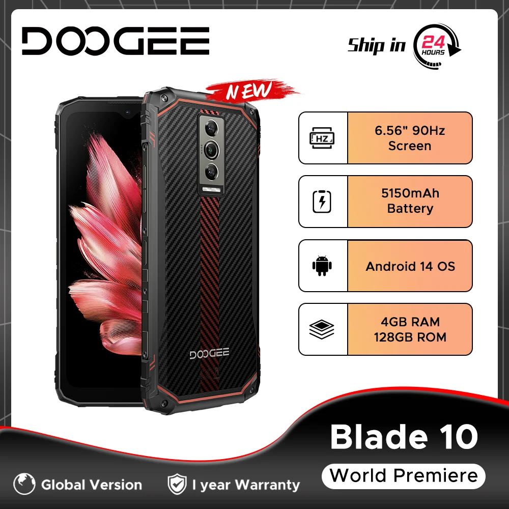 Global Version DOOGEE Blade10 Rugged Phone 6.56" 90Hz IPS Display Android 14 128GB 5150mAh Unisoc T606 Face Unlock Ultra Th
