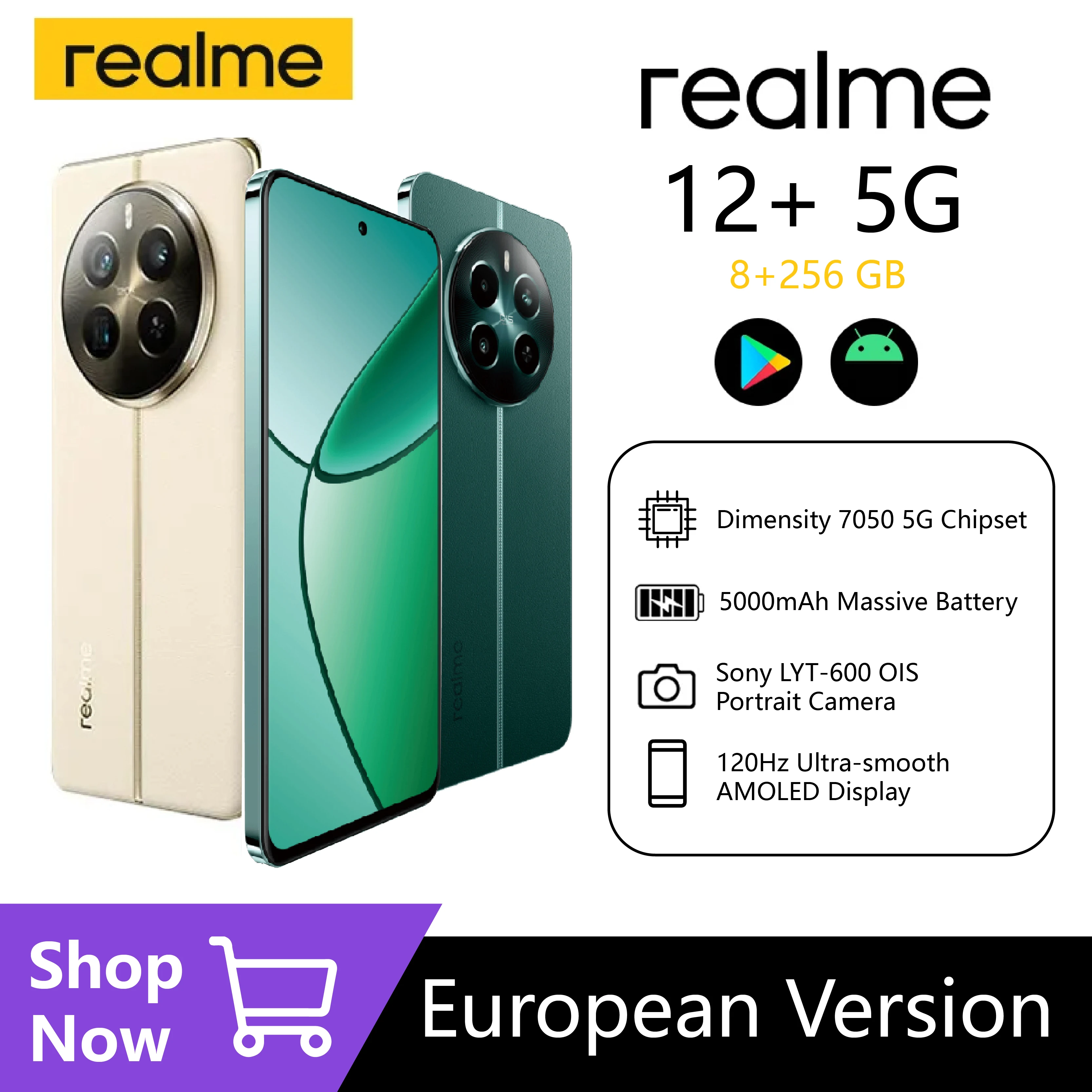 realme 12 Plus 5G Smartphone 50MP Sony LYT-600 OIS Portrait Camera Dimensity 7050 5G 6.67"120Hz AMOLED Display，EU